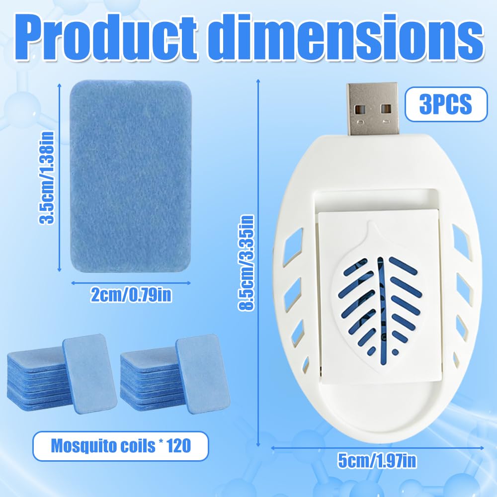 Wtyk na komary, 3 sztuki, przenośna, USB, elektryczna ochrona przed komarami, 120 tabletek przeciw komarom, przenośna ochrona przed komarami, elektryczna pułapka na owady, na wędrówki, do użytku na