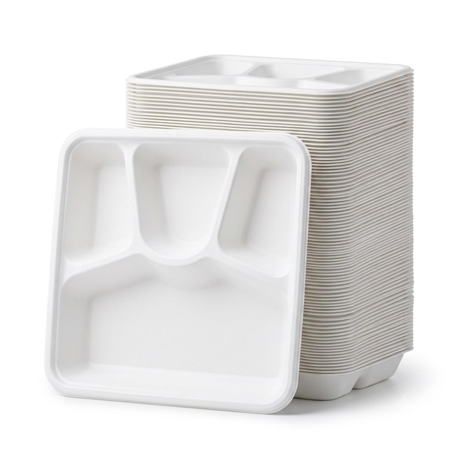 Bonkaso 4 Compartment Bagasse Square Meal Tray Pack of 50 | Disposable Sugarcane Plates | Eco-Friendly & Plastic-Free | Heavy Duty, Microwave Safe Food Serving Trays for Parties, Events & Catering