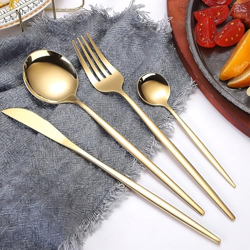 Image of BonZeaL Stainless Steel 24 Pieces Gold Cutlery Set for 6 Person with Stand Mirror Finish Flatware Set for Dining Table Hotel Cafe Bar Restaurant Premium House Warming Gifts for New Home Kitchen