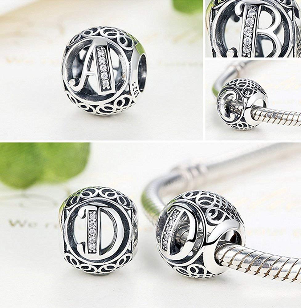 NINGAN Argent Sterling 925 Charme Lettre de l'alphabet Femmes Pearl Charms avec 5A Zircone Compatible pour Européen Bracelets