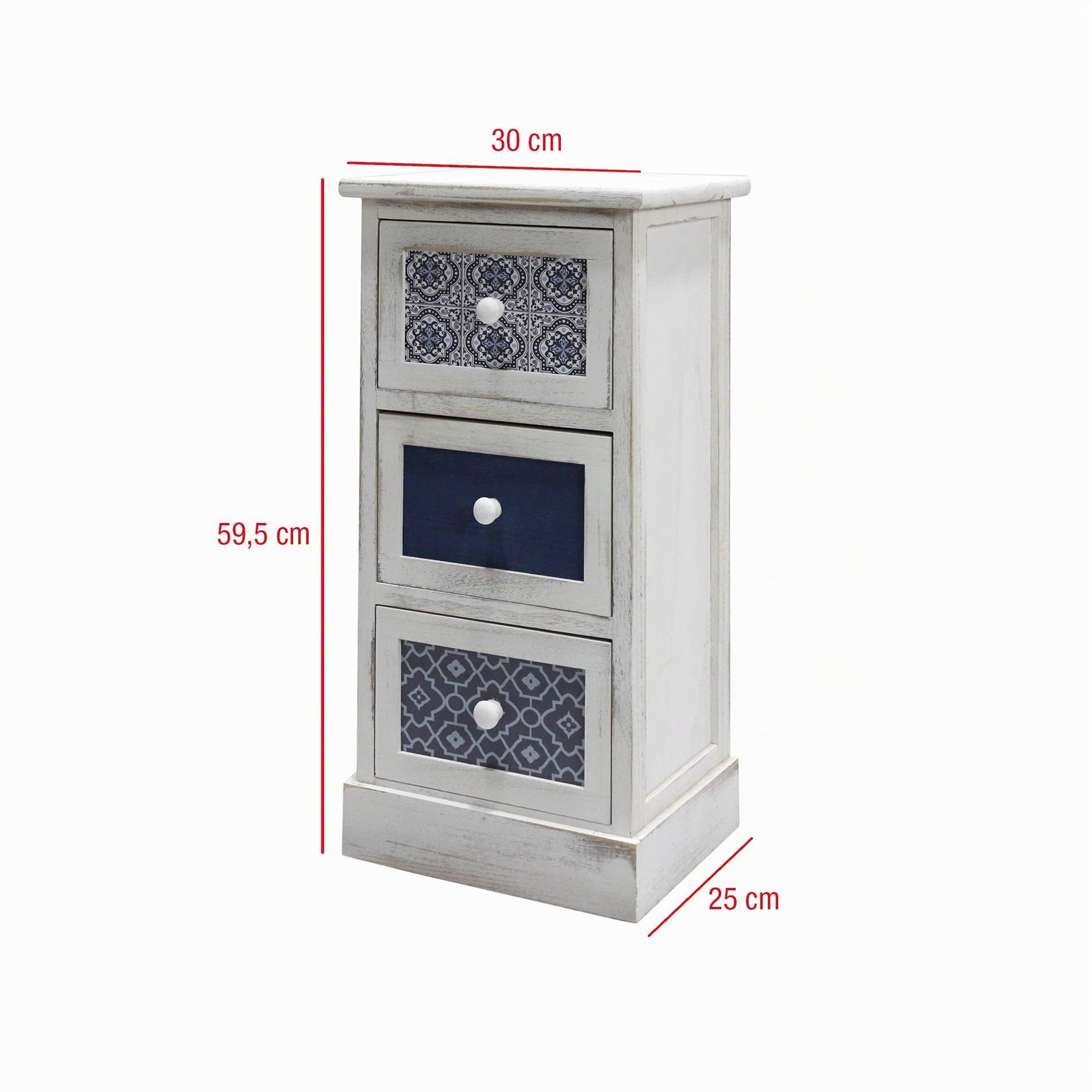 Rebecca Mobili Comodino salvaspazio, cassettiera 3 cassetti, legno, bianco grigio blu, design vintage, per arredo casa camera da letto salotto - Misure: 59,5 x 30 x 25 cm (HxLxP) - Art. RE6081