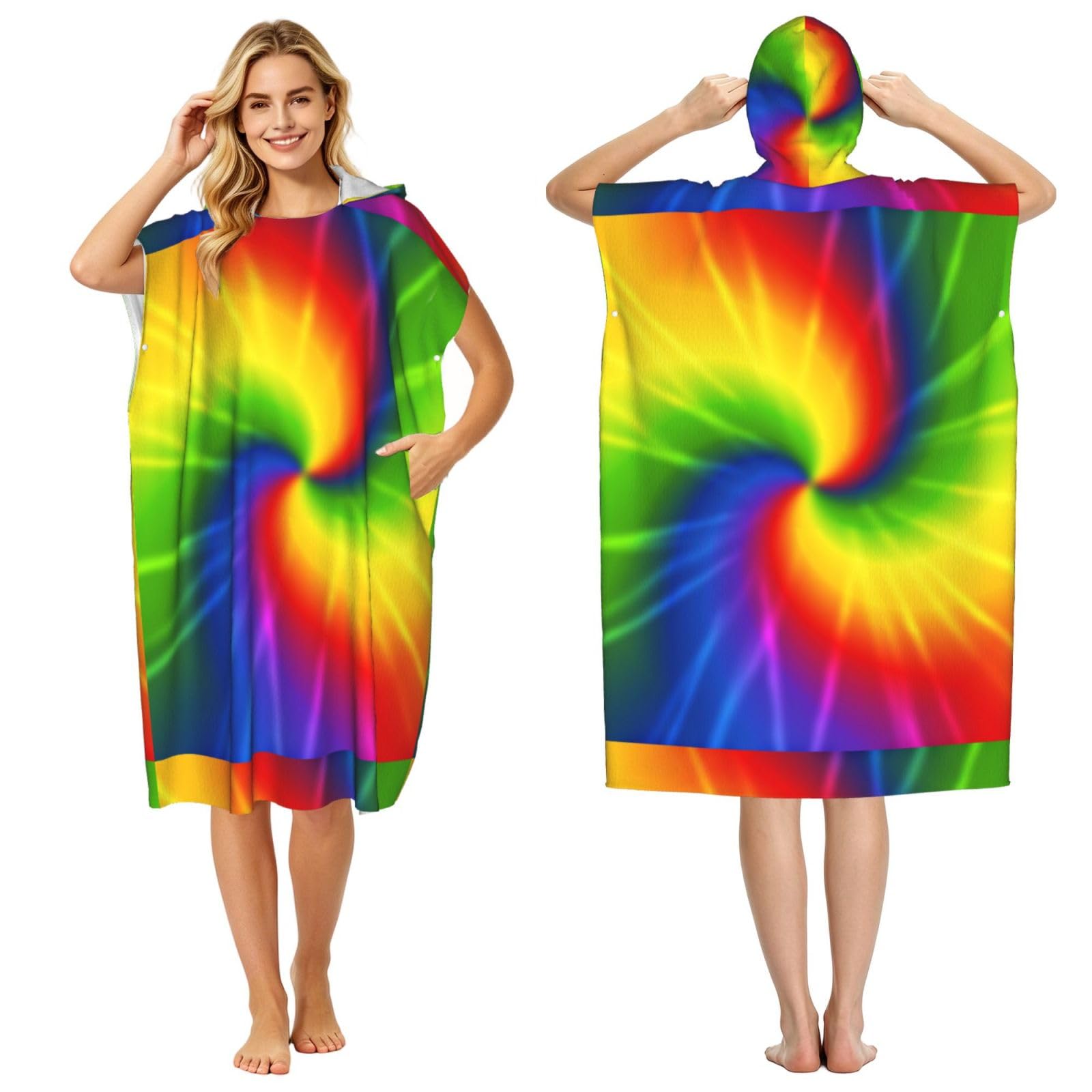 Poadnly Tie Dye Rainbow, Adult Hooded Beach Towel 90 x 110 cm,Changing Bath Robe, Surf Poncho Towel For Women Men