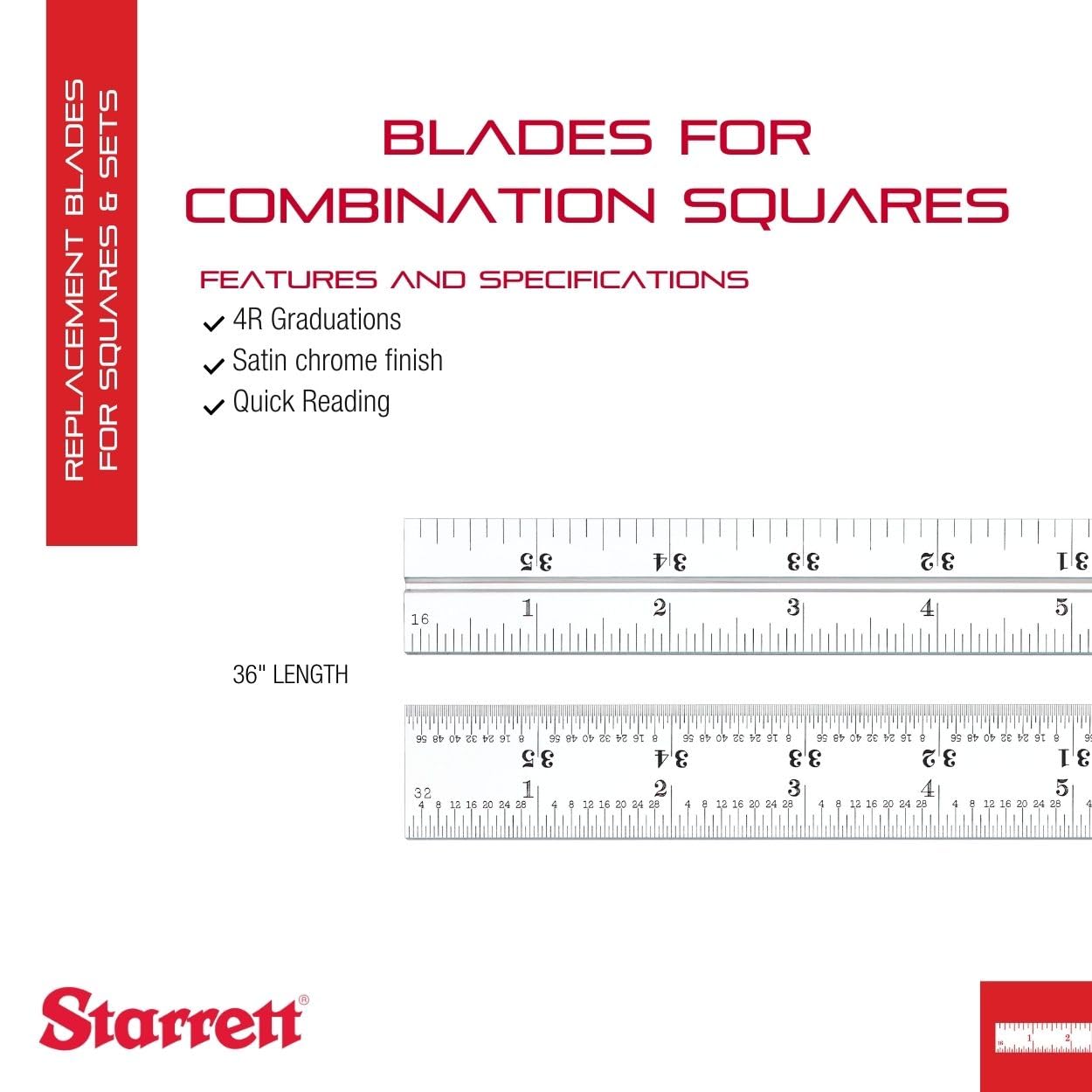 Starrett CB36–4R kątownik łączony ze skalą w calach, zestawy skośne i kątowe, wykończenie satynowe chromowane, 4R z stopniowaniem 2,5 cm, szerokość, 3/81,3 cm grubości, rozmiar 91,4 cm