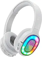 Fones de ouvido Bluetooth com luz LED, com microfone estéreo, fones de ouvido sem fio dobráveis, para viagens de jogos/escritório em casa/PC/celular（branco）