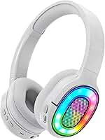 Fones de ouvido Bluetooth com luz LED, com microfone estéreo, fones de ouvido sem fio dobráveis, para viagens de jogos/escritório em casa/PC/celular（branco）