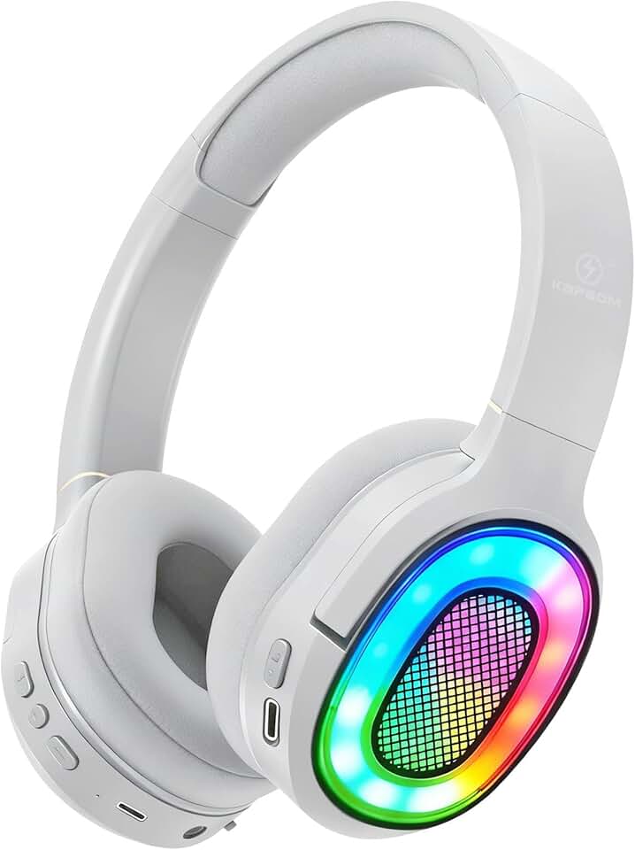 Fones de ouvido Bluetooth com luz LED, com microfone estéreo, fones de ouvido sem fio dobráveis, para viagens de jogos/escritório em casa/PC/celular（branco）