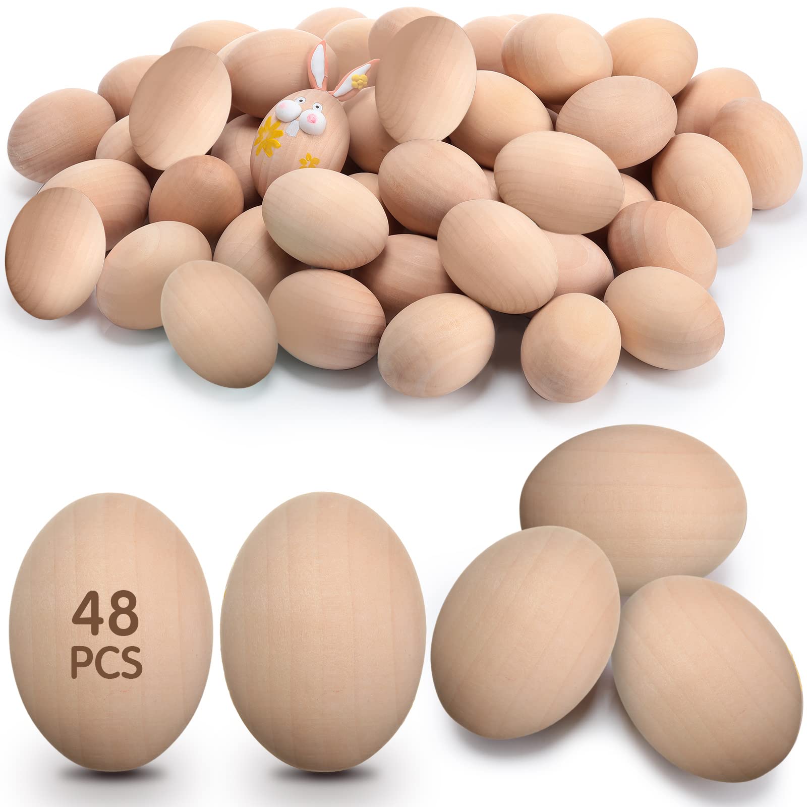 48 Pcs Wooden Easter Eggs Faux Eggs for DIY Easter Eggs Realistic Fake Eggs Crafts and Easter Decorations Eggs for Kids Easter Crafts DIY Decor Party Favors (Unpainted Color)