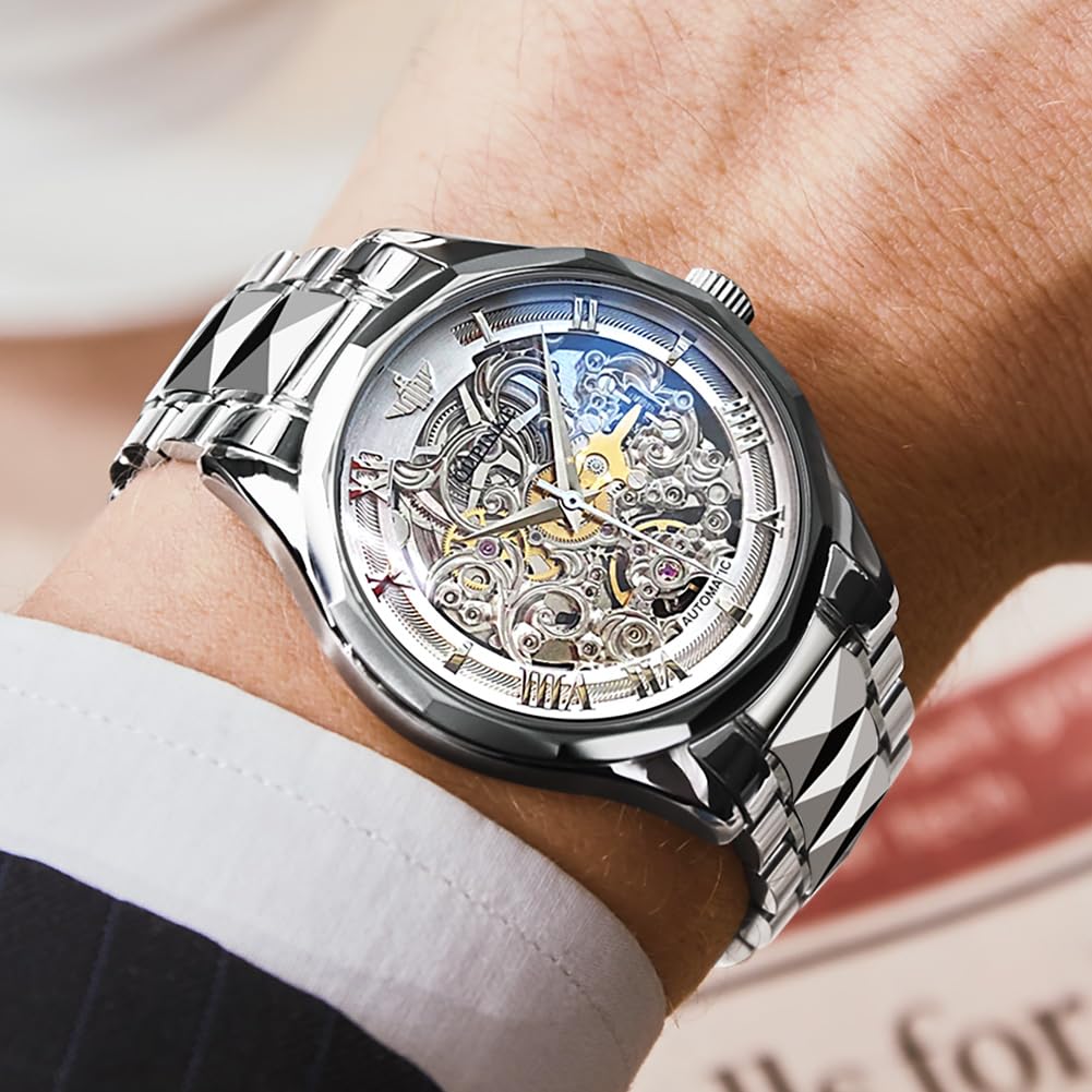 OUPINKE Reloj automático para hombre, diseño de esqueleto, de lujo, mecánico, impermeable, luminoso, acero inoxidable, espejo de cristal de zafiro