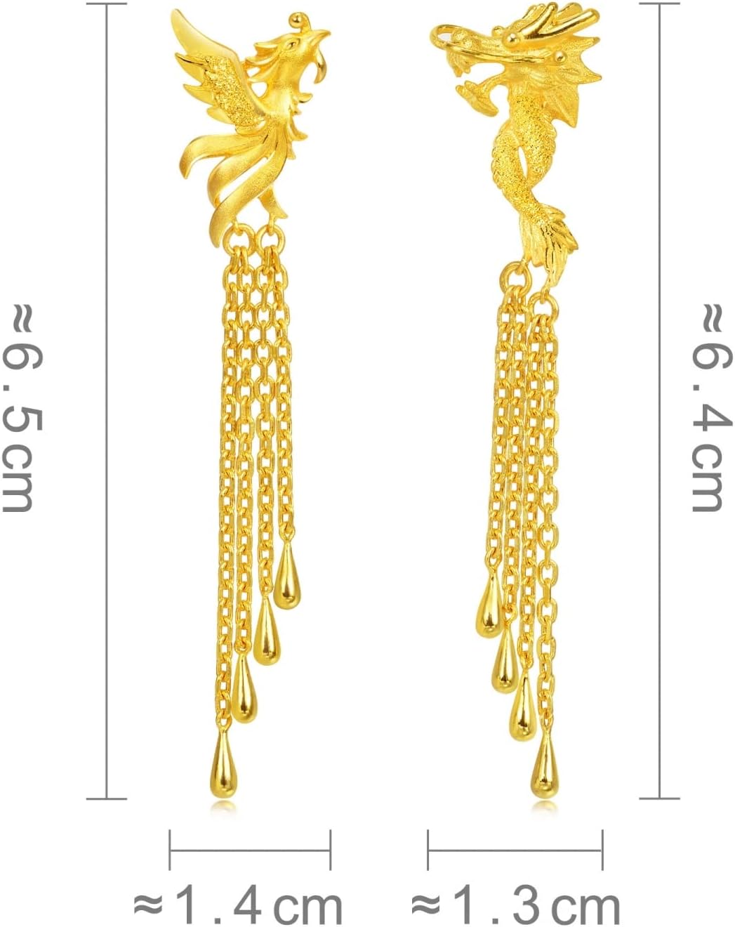 Chow Sang Sang Chinese Wedding Collection 999.9 24K Gold Price-by-Weight Gold Dragon and Phoenix Asymmetric Dangle Earrings for Women 86758E