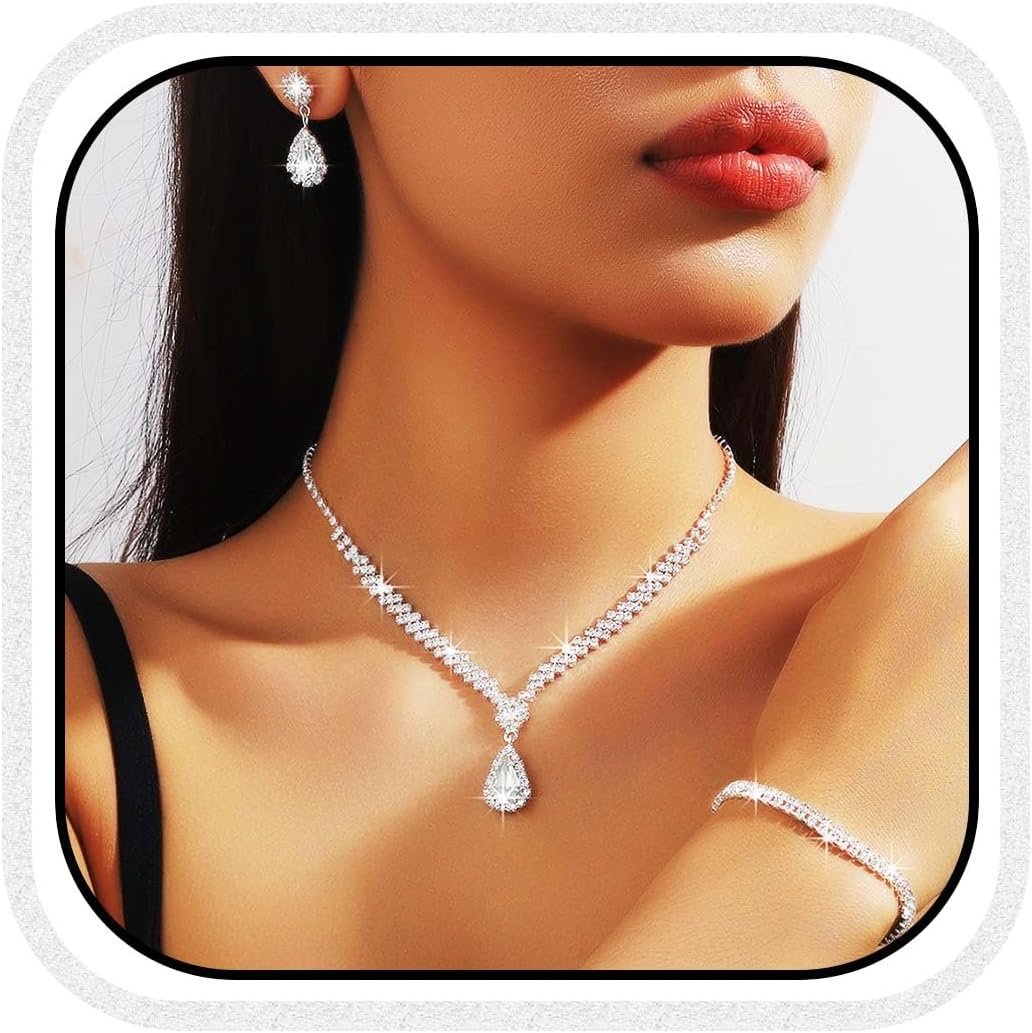 GORAIS Prom Wedding Jewelry Sets Rhinestone Bridal Necklace Earrings Bracelet Set Crystal Costume Jewelry for Brides