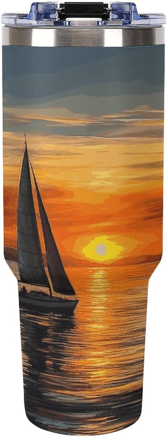 40 Oz Insulated Mug with Handle, Stainless Steel Sunrise Sailing Boat Printed Travel Mug Portable Leak-proof Large Car Mug for Home, Office Or Car