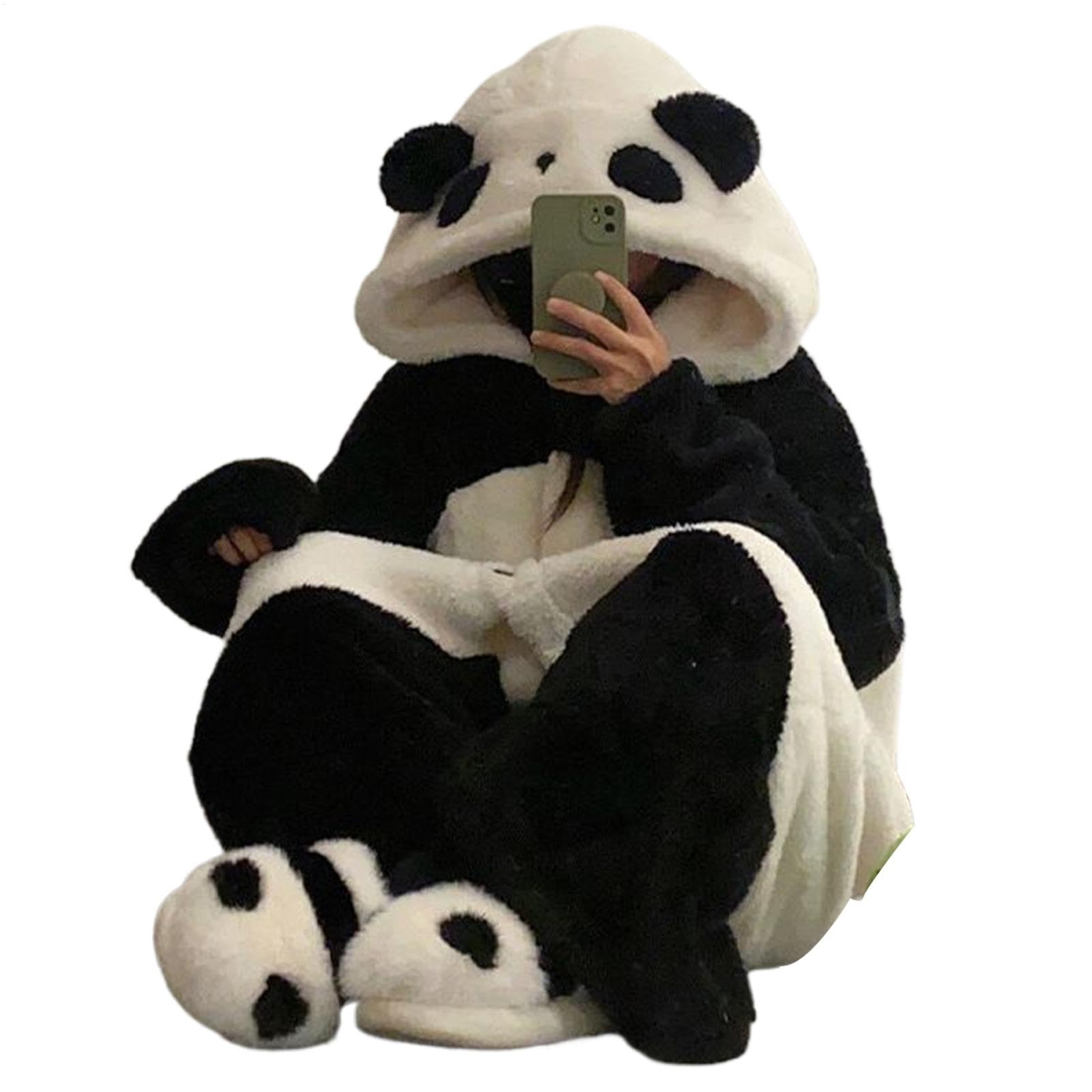 Pijama De Panda Ropa De Dormir Con Capucha De Forro Polar De Coral Gruesa Y