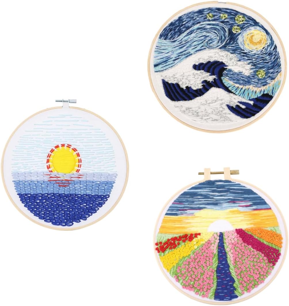 3 Sets Punch Needle Starter Kits Sky Flower Pattern Punch Needle Kits 4 Pattern DIY Beginner Rug Hooking Threads Tools Kits Home Decor with Hoop and Instructions for Adults (White)