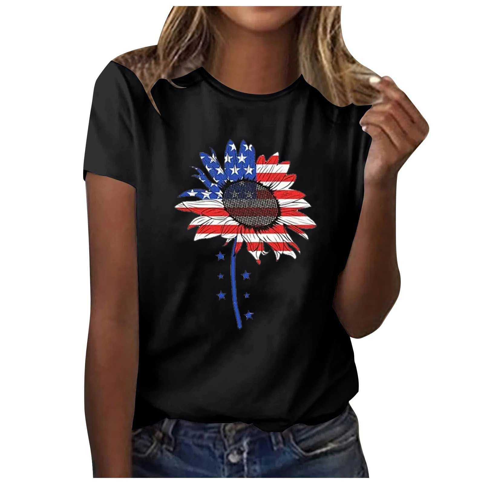 Women Short Sleeve Tops Independence Day Shirts USA Stars and Flower Graphic Tees T-Shirt Tshirt Summer Spirng Tops