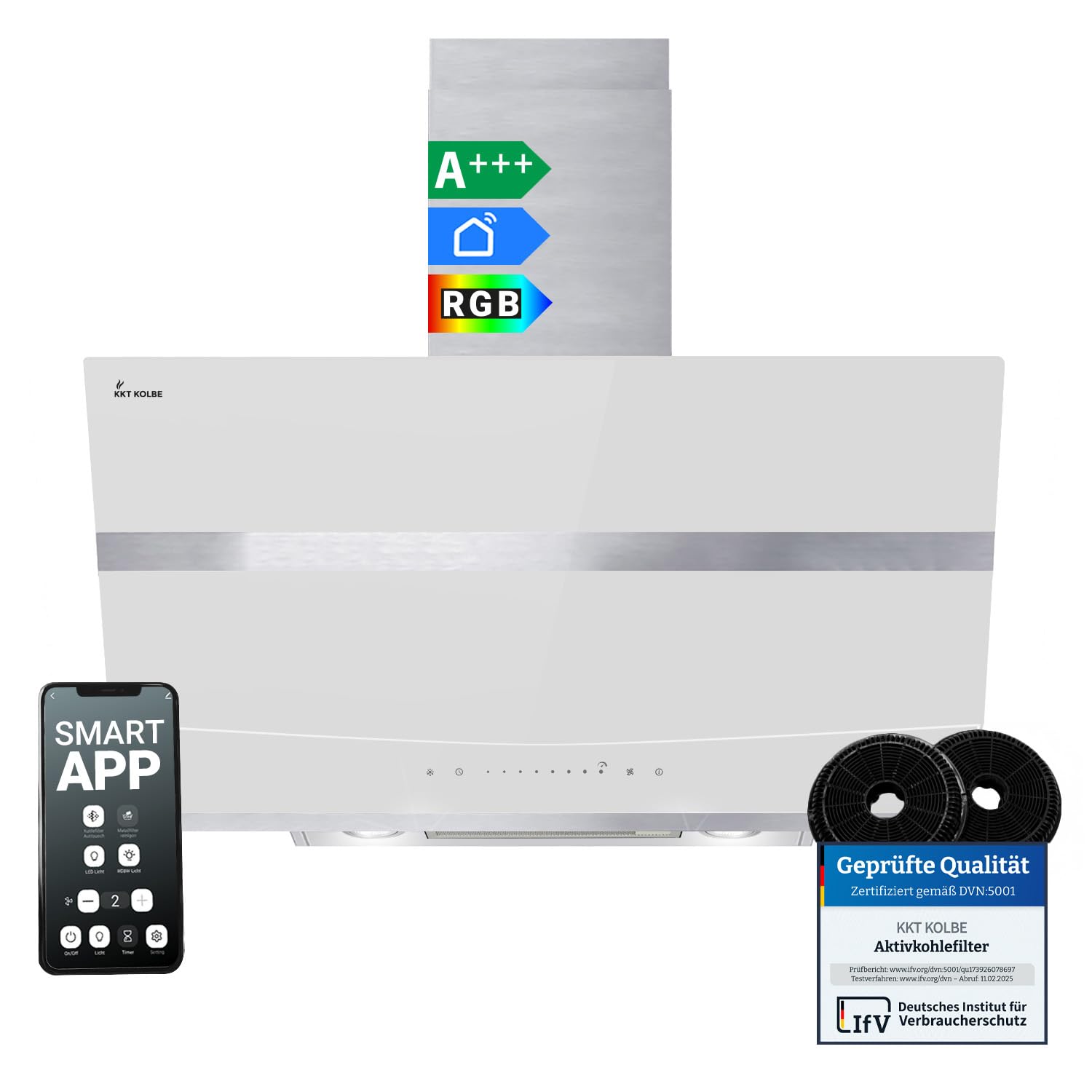 KKT KOLBE Hotte murale inclinée A+++ 80 cm | 782 m³/h recyclage ou évacuation | tête libre | inox et verre blanc | WiFi Smart App | LED RGBW | commande SensorTouch | HERMES8005WM
