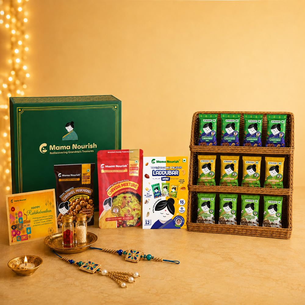 Mama Nourish Sibling Celebration Box | Rakhi Gift Hamper with Laddubars, Chivda & Makhana | Premium Raksha Bandhan Gift Box-image-45