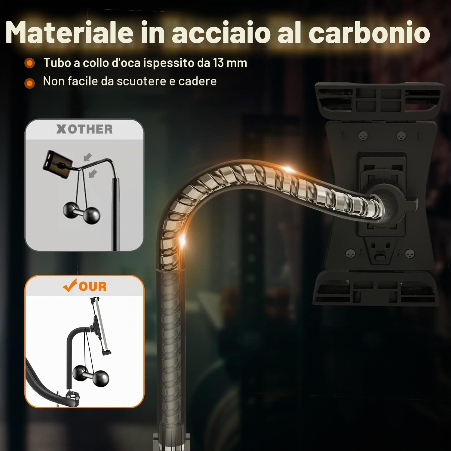 Tendak Supporto Tablet per Cyclette, Spinning e Bicicletta - Collo di Cigno Robusto e Flessibile per iPad, iPad Pro, Mini, Air e Altri Tablet 4.7-12.9"
