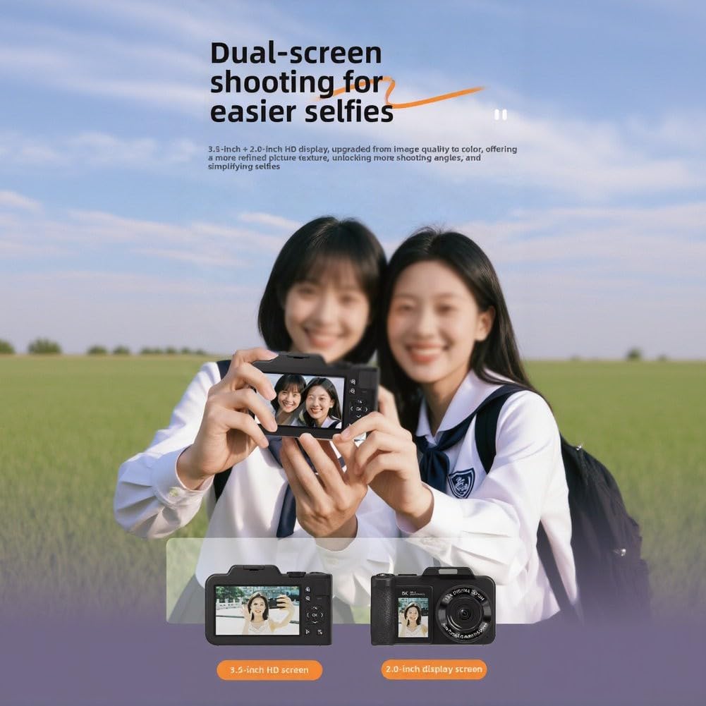 Fotocamera digitale 5K 80MP per fotografia, autofocus, torcia regolabile, zoom digitale 18x, fotocamera da viaggio per principianti, obiettivo grandangolare e macro (nero)