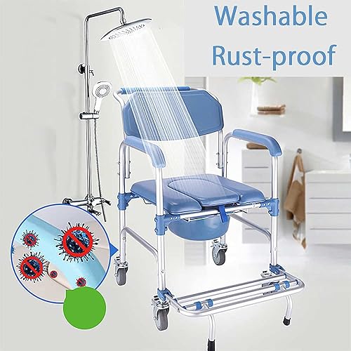 Miniatura 5 de Silla de ducha con ruedas, silla de baño con ruedas, silla de transporte para orinal de 330 libras, asiento impermeable ajustable sobre el inodoro,