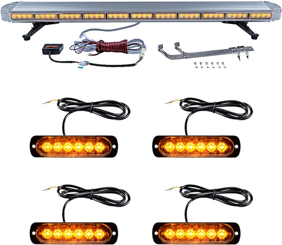 Astra Depot 51 inch Amber 96 LED Emergency Warning Beacon Strobe Light Bar + 4pcs Super Slim 6-LED Hazard Flashing Lamp Car Tow Truck Response Plow