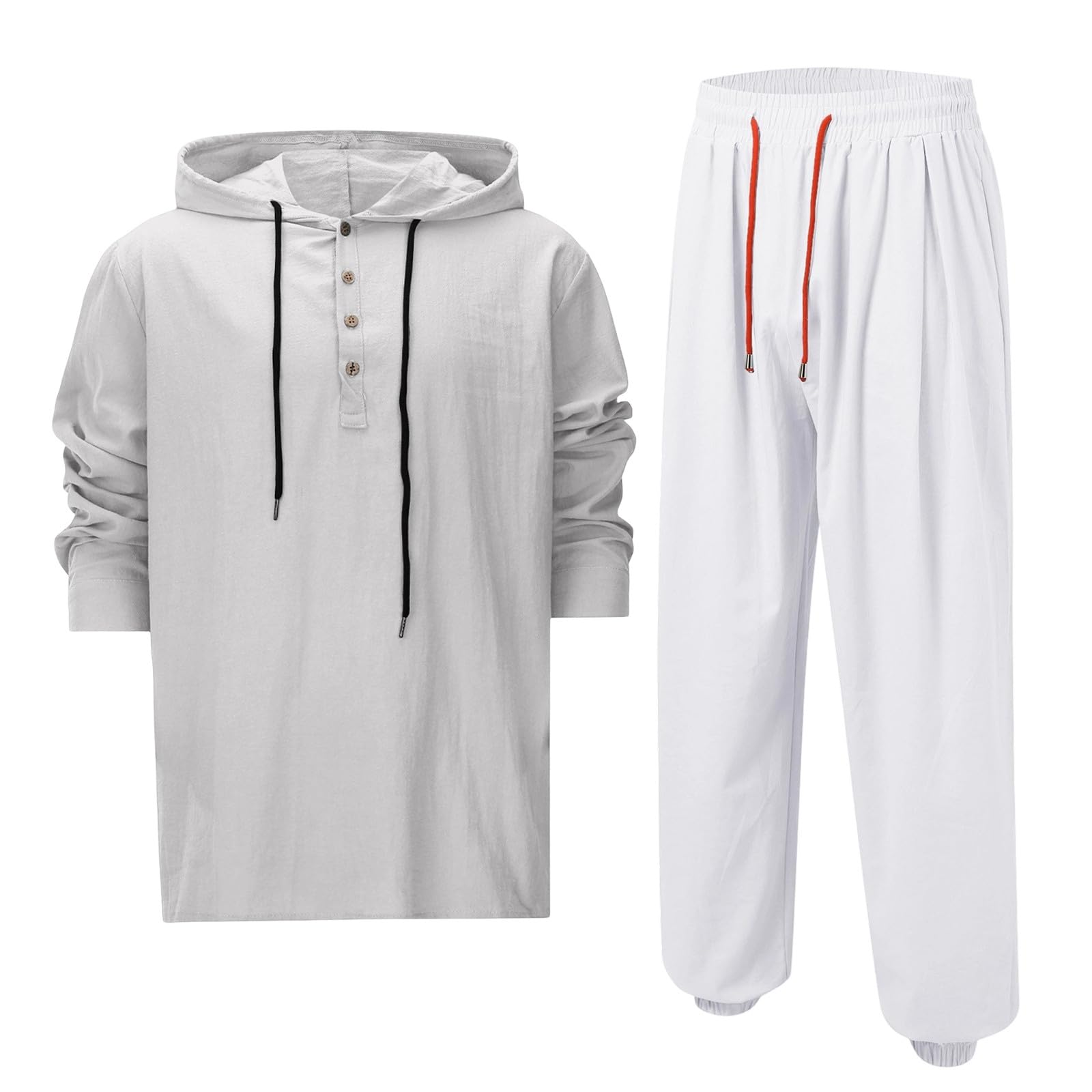 Generisch Camicia da uomo a maniche lunghe, in lino, estiva, a maniche lunghe, in mussola con cappuccio, traspirante, non necessita di stiratura, in cotone, comoda e originale