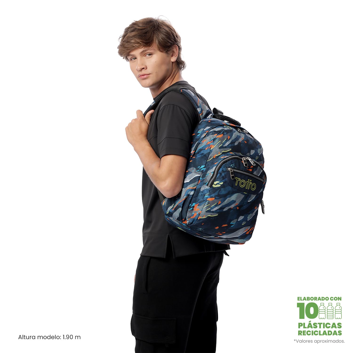 TOTTO - Mochila Escolar Adaptable a Carro, Modelo Acuareles Glitter, Capacidad 20L, Bolsillo para Pc 14", 2 Bolsillo Botella, Espaldar Ergonómico con Flujo de Aire, Correas en S, Estampado Groove Azul