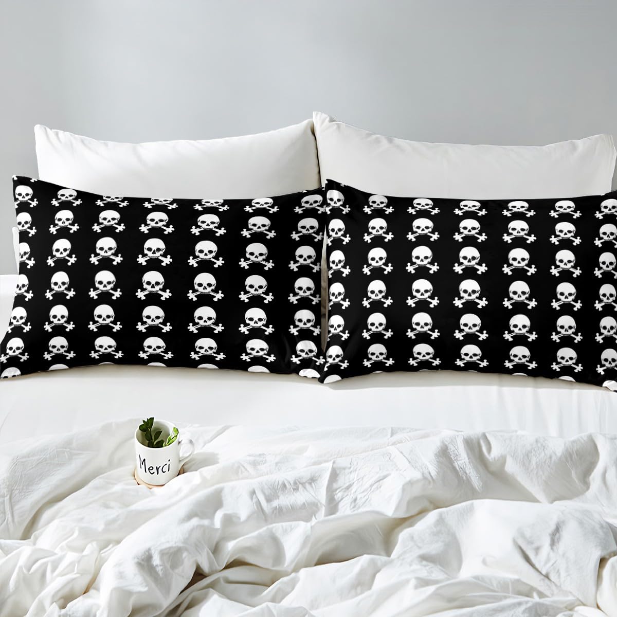 Homewish Juego de ropa de cama doble con diseño de calavera de azúcar, decoración gótica espeluznante, sábanas bajeras de Halloween, 4 piezas