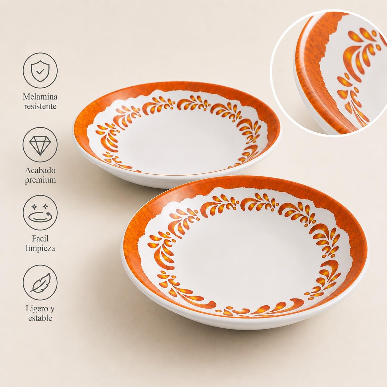 Bowl ensaladera de melamina pack de 2, cuencos ligeros 25 x 25 x 5 cm para ensaladas, aperitivos y mesa diaria