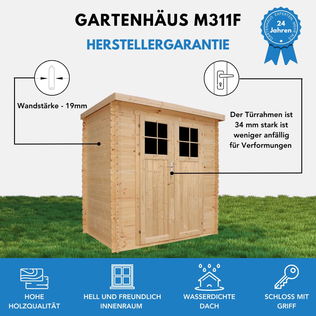 TIMBELA M311F Holzhaus Gartenhaus mit hochwertige abschließbare Tür - Gartenschuppen Holz B204xL142xH200 cm/ 2,22 m2 Lagerschuppen für Garten - Fahrrad Schuppen - Wasserfestes Dach