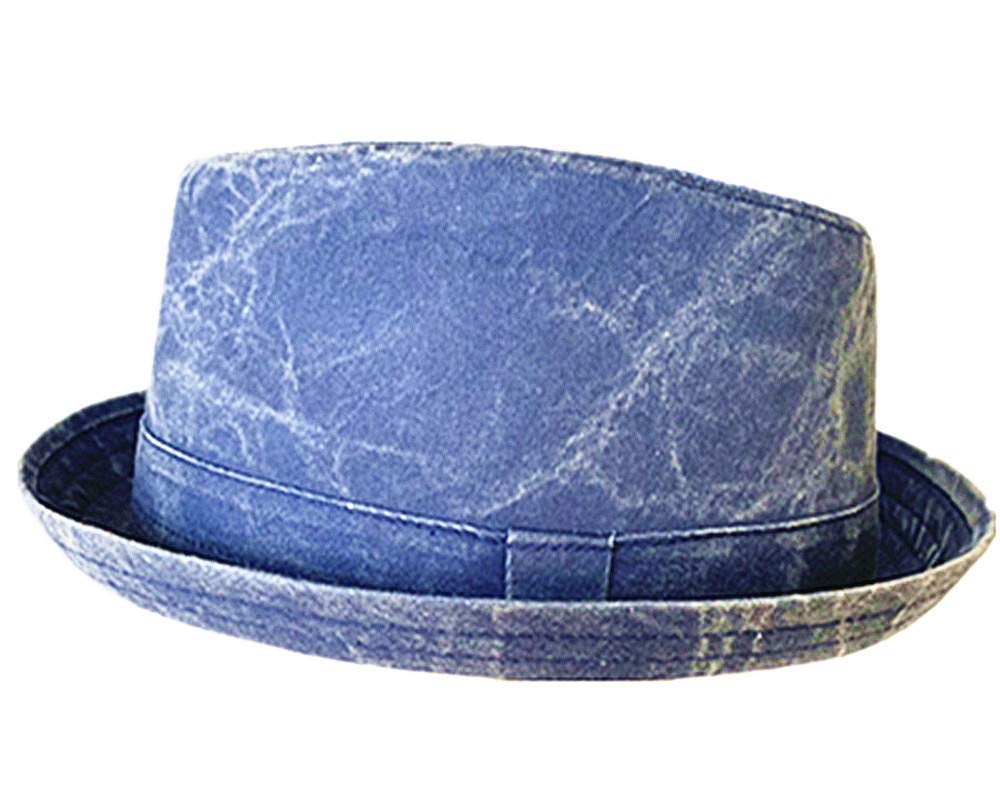 Epoch Men's Diamond/Classic Shape Pork Pie Shape 100% Cotton Denim Brim Fedora with Band Fall Winter Spring (Washed Blue 2232, S/M)