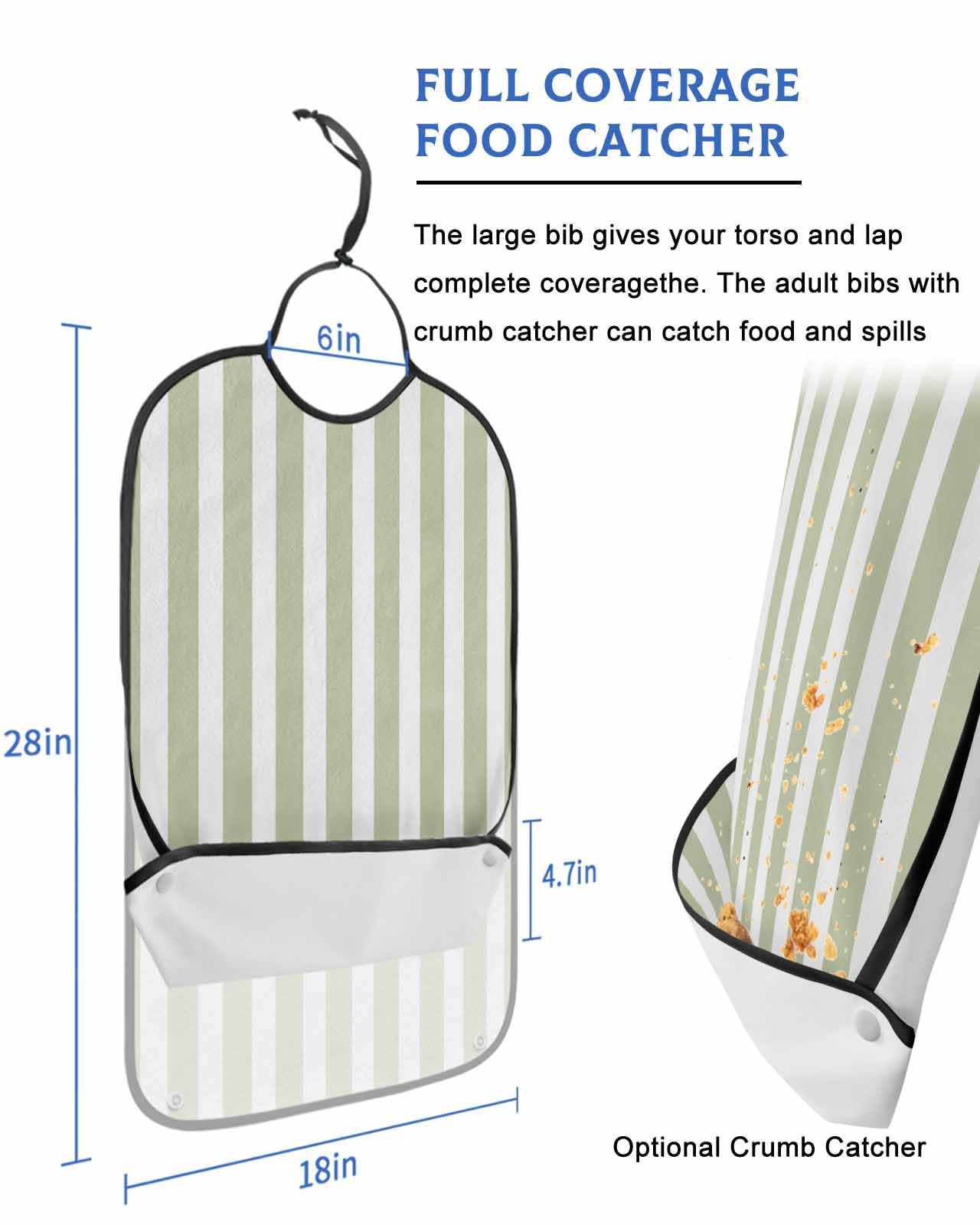 Sage Green Stripe Adult Bib for Eating with Crumb Catcher,Contemporary Boho White Minimalist Geometric Waterproof Terry Cloth Adjustable Elderly Women Men Adult Bibs Funny Apron Clothing Protector