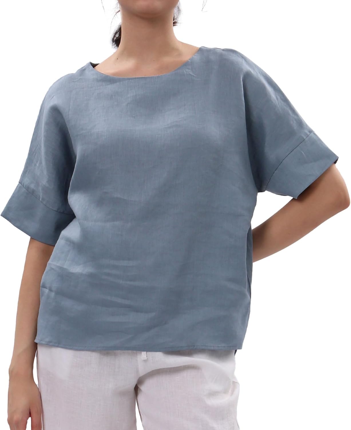 Amazhiyu Womens 100% Linen Tops Crewneck Short Sleeve Blouses Casual Summer
