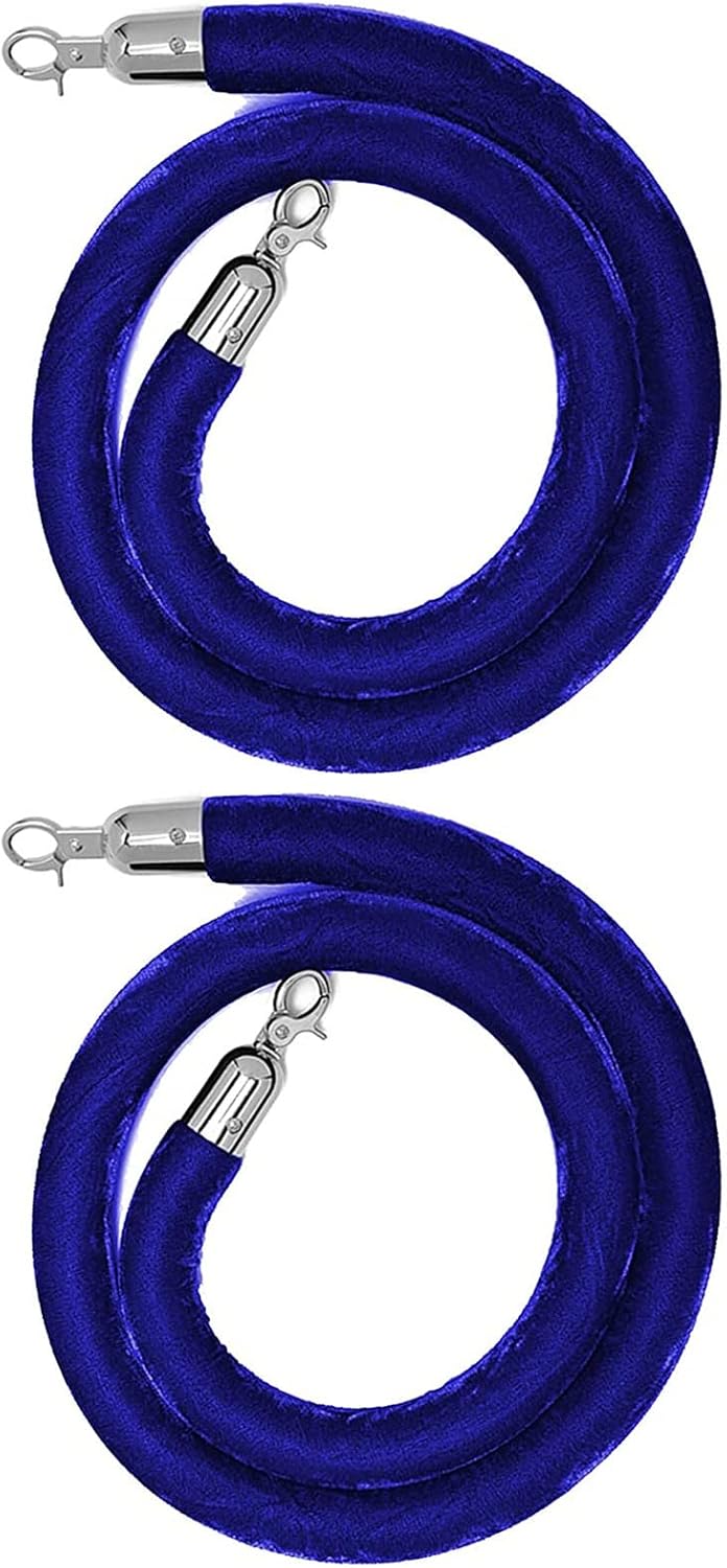 2PCS Rope Safety Barrier, Crowd Control Barrier Queue Line with Stainless Steel Silver Hooks, Blue Rope Blue Velvet Ropes for Crowd Control, Ceremony, Museums Crowd Control Stanchion Rope
