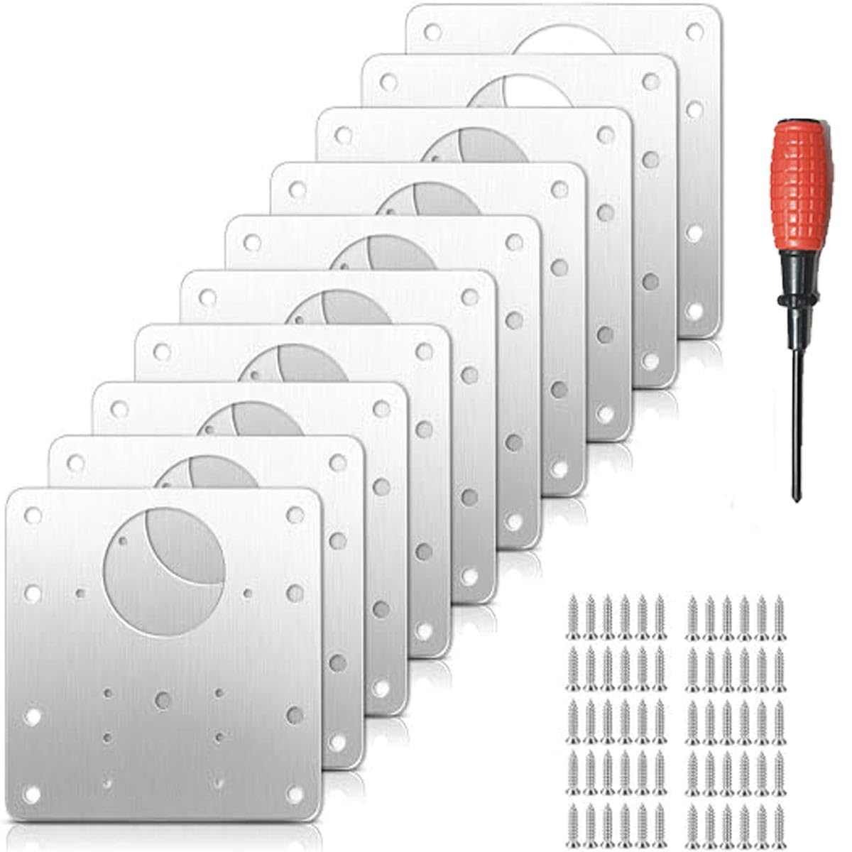10 Set Hinge Mounting Plate Fix, Hinged Stainless Steel Door Panels, Professional Hinge Repair Kit for Reinforcement of Hinged Door Panels of Different Sizes