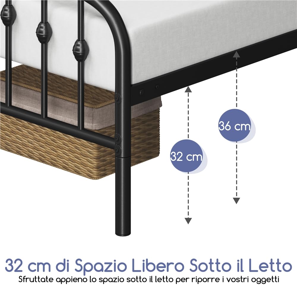 Yaheetech Struttura Letto Singolo Moderno in Metallo con Testiera Rete a Doghe per Camera 90 × 200 cm