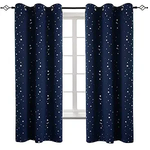 Navy Star Blackout Curtains for Kid's Bedroom - Grommet Thermal Insulated Room Darkening Printed Curtains for Living Room, Set of 2 Panels (42 x 63 Inch, Dark Blue)