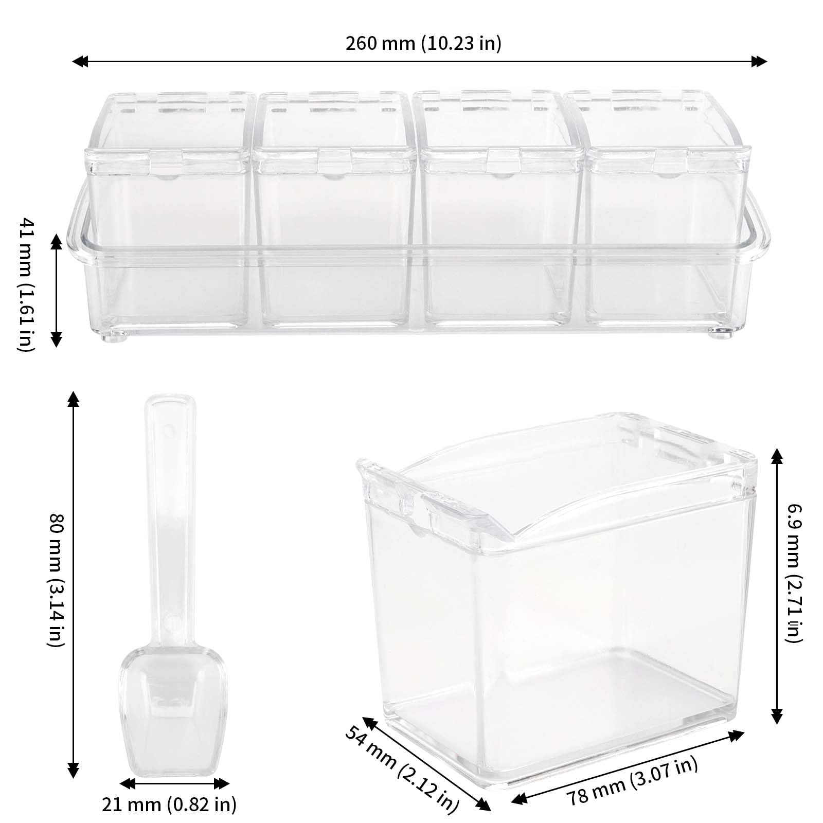 JAPCHET 3 Pack 4 Cell Clear Seasoning Box with Spoons, 10.2 × 3.54 × 3 inch Seasoning Storage Container with Cover, Clear Seasoning Rack Spice Pots for Spice, Salt, Sugar