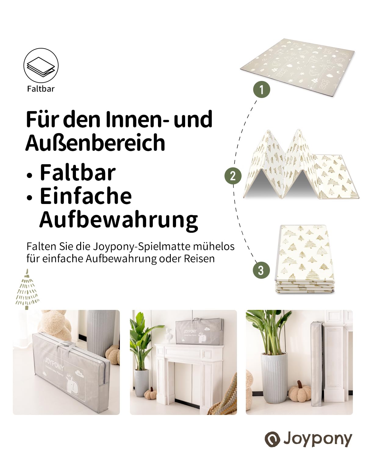 Tapis d'Éveil Bébé Pliable 120x120cm Joypony Mousse XPE Épais Imperméable Antidérapant Double Face Alphabet Forêt