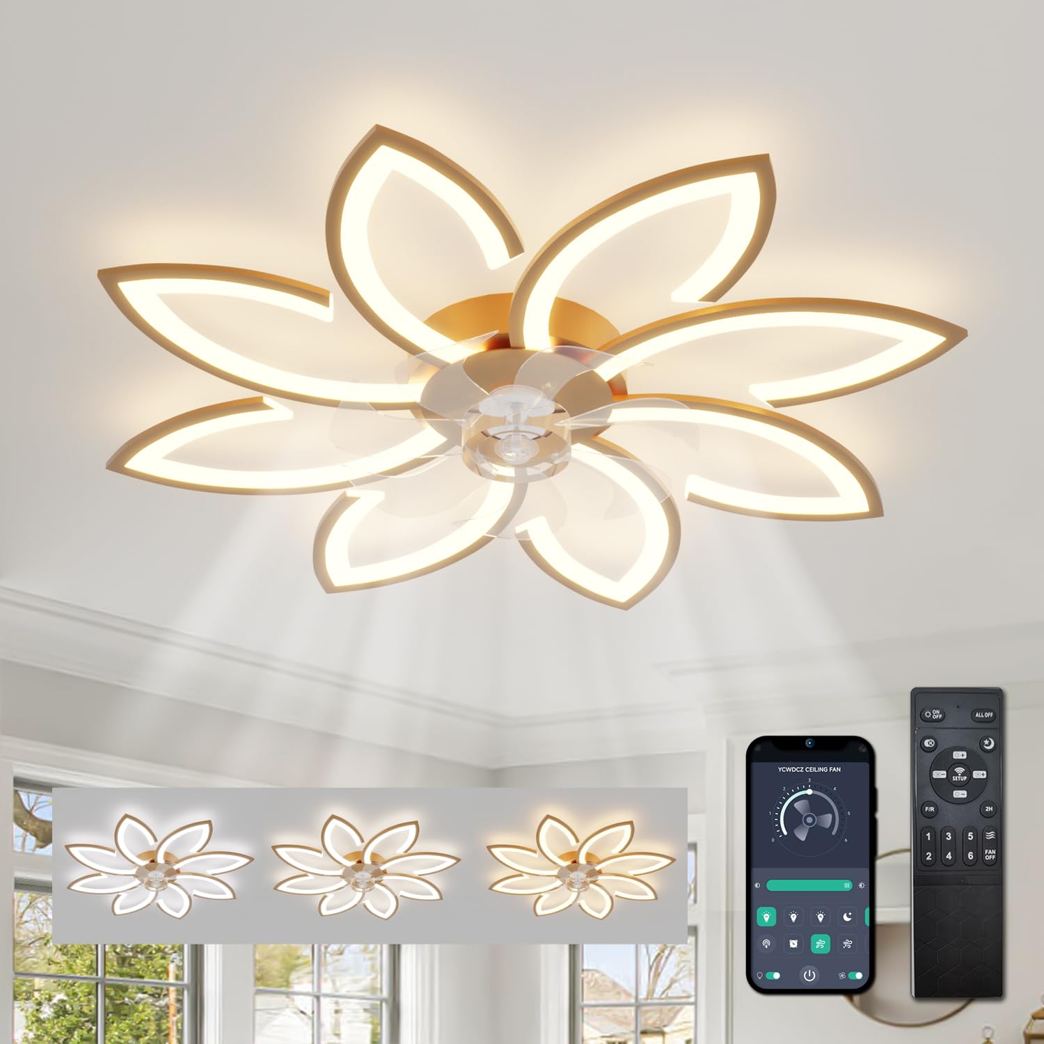 Ventilador de Techo con Luz y Mando a Distancia, Lampara Ventilador Techo Silencioso, Ventiladores de Techo flor Diseño Moderno, Regulable, Función Memoria, Motor DC, Verano Invierno Reversible, Or