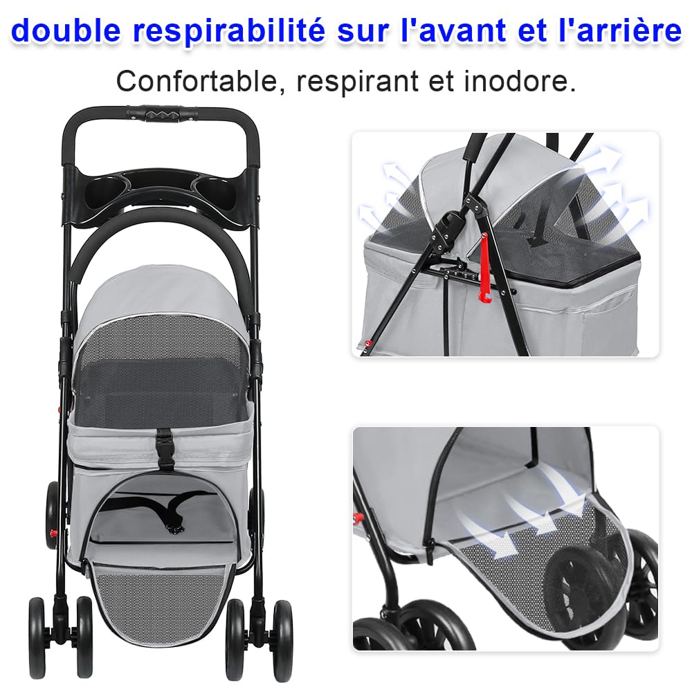 OHMG Poussette Chien 3-en-1, Poussette pour Chat Pliable, Panier de Rangement, Fenêtre en Filet, pour Petits Chiens et Chats, Jusqu'à 25 kg, 4 PCS Roues Résistant à l'Usure à 360°