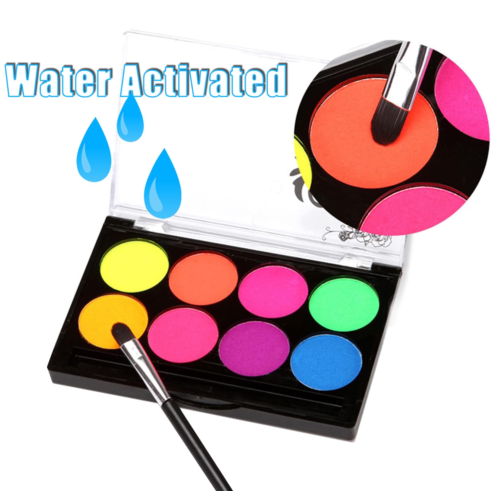 8 pinturas faciales de neón, pintura corporal con luz negra UV, paleta de kit de pintura facial fluorescente a base de agua, maquillaje delineador de ojos activado por agua, lavable para niños y 3