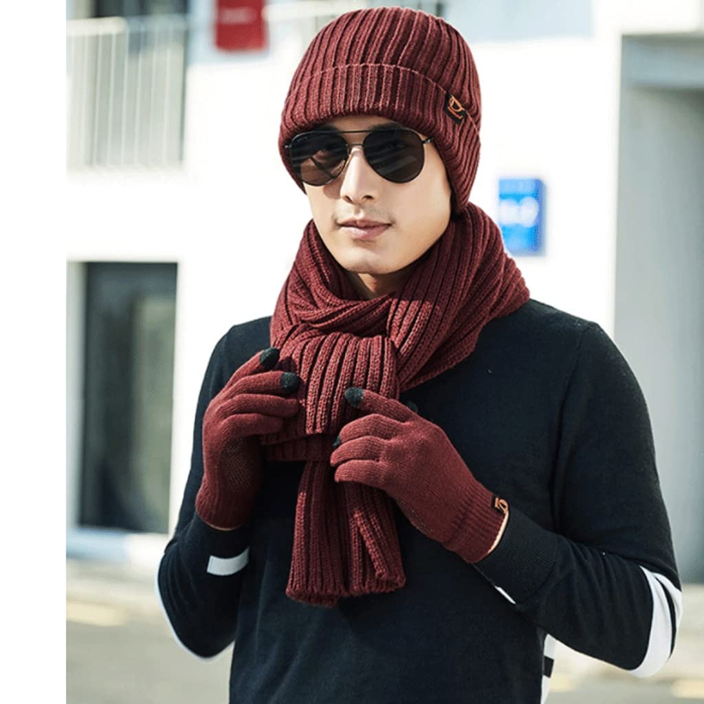 Winter-Strickschal for Männer, Schals Beanie-Hüte und Touch-Screen-Handschuhe-Geschenk-Set, verdicken warme Schal-Set-3-Teile, Feste Farbe (Color : Red)