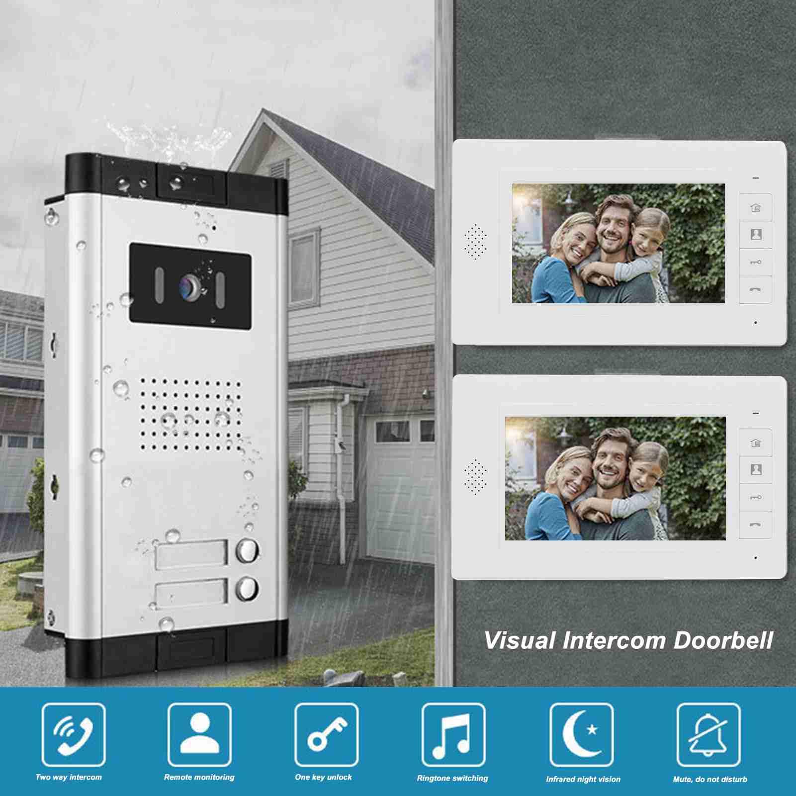 Videocitofono, Monitor TFT da 7 Pollici con Telecamera a Visione Notturna, Chiamata Bidirezionale, Sblocco Remoto, Campanello a Colori con Visione Notturna, (Spina europea da 100 a 240 V)
