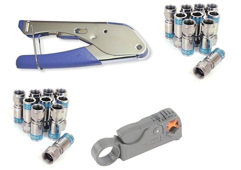 Cabelcon Set Bestehend aus Kompressionszange Pocket Tool + Cable Stripper + 20 Stück Kompressions-F-Stecker (20 Stk CX3 7.0 QM + Rotary Stripper)