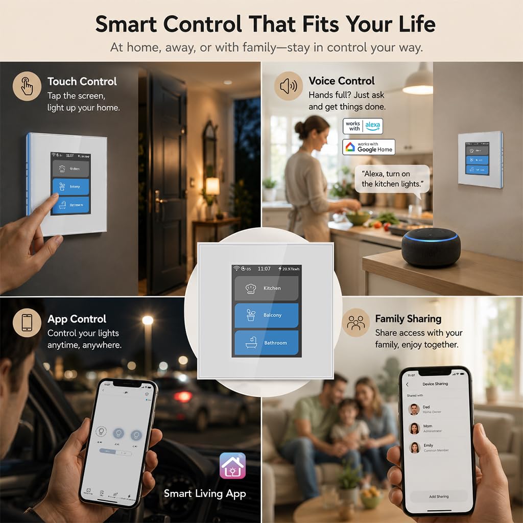 LANBON Interruptor inteligente, interruptor inteligente 5 en 1 LCD WiFi para luz y cortina, nunca sin conexión, compatible con Alexa y Google Home, cable neutro requerido (blanco)