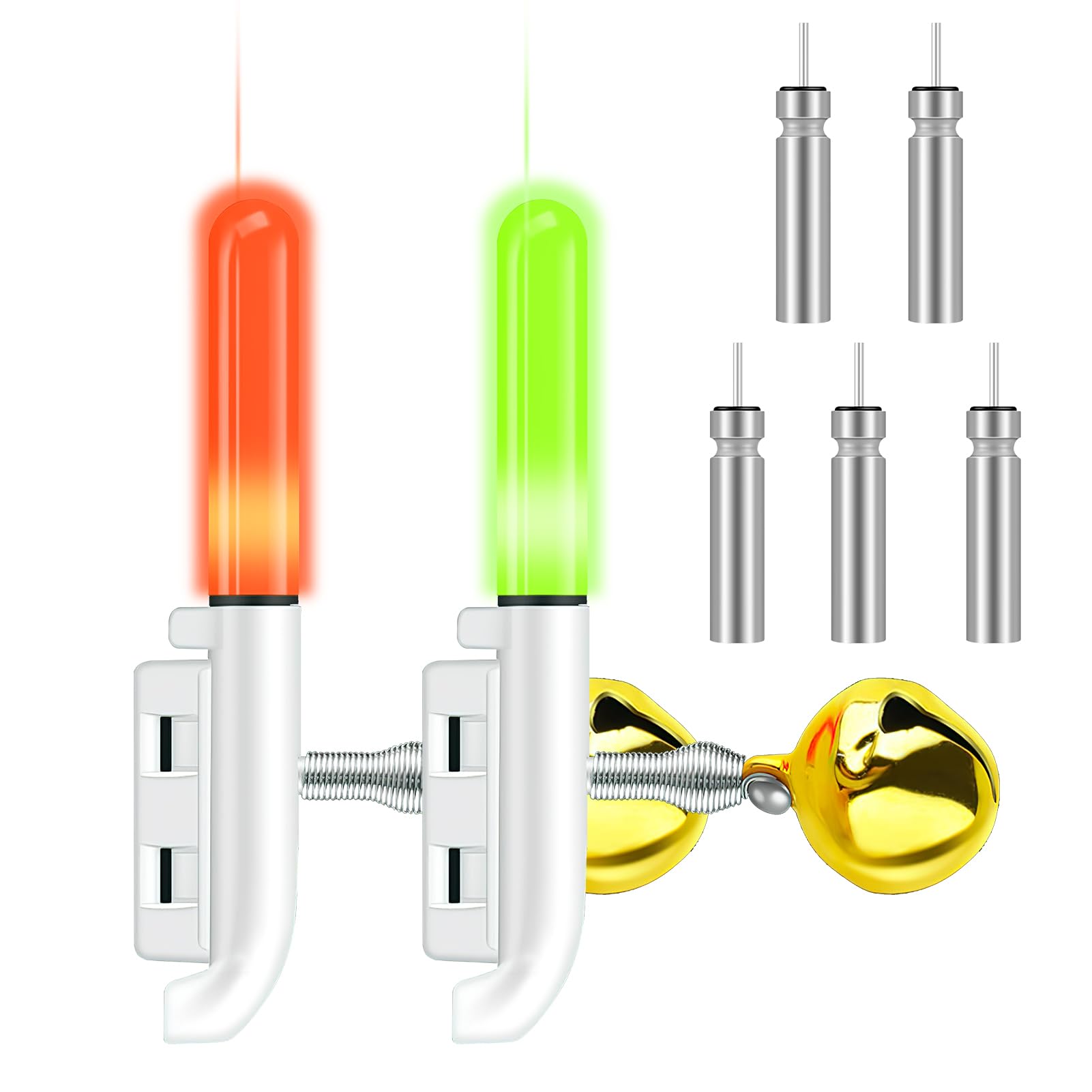 2pcs Fishing Bite Alarm Light with Bell, Color-Changing LED Rod Tip Indicator for Night Fishing, Sensitive Green to Red Alerter Tackle Light