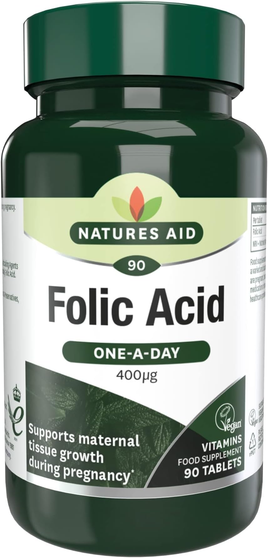 Natures Aid Folic Acid 400mcg – Supports Prenatal Health, Red Blood Cell Formation, DNA Synthesis – Vegan, Non-GMO, Gluten-Free – High Potency Natural Supplement – 90 Tablets
