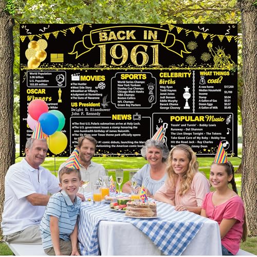 Image of DARUNAXY 65th Birthday Black Gold Party Decoration, Back in 1961 Banner 65 Year Old Birthday Party Poster Supplies Vintage 1961 Backdrop Photography Background for Men & Women 65th Class Reunion Decor