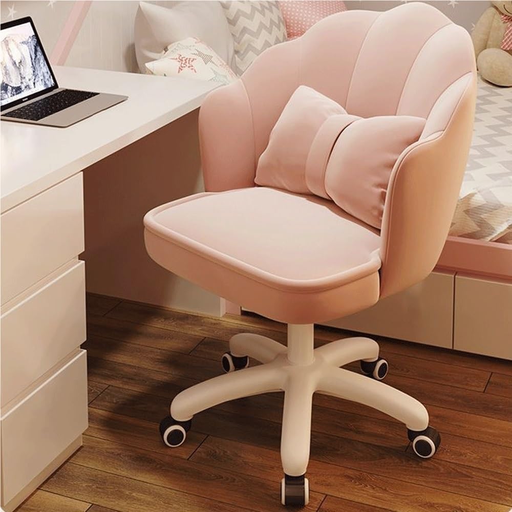 DESALAI Modern Vanity Chair with Back and Pulley, Home Office Chair Mid Back Swivel Lumbar Support Desk Chair, Cozy Makeup Chair with Ajustable(Pink)