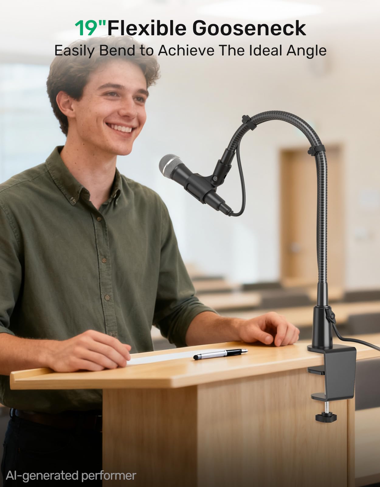 Flexibler Schwanenhals-Mikrofonständer mit Tischklemme, robust, mit 2 Mikrofonhaltern, 0,6 cm und 0,95 cm Adapter, für Gaming, Live-Streaming, Podcast, Konferenzen und Podium, 48,3 cm (19 Zoll)